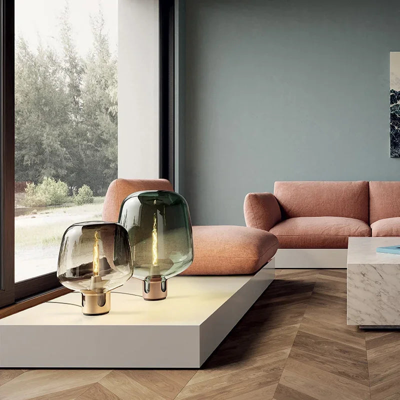 Nordic Smoke Grey Glass Table Light Bedroom Bedside Table Lamp Fashion Living Room Light Luxury Glass Decorative Lamp